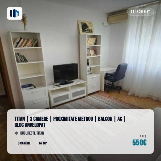 Apartament cu 3 camere semidecomandat, mobilat în Titan