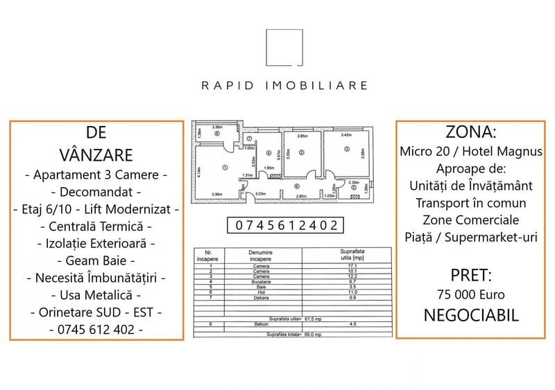 Apartament cu 3 camere în Micro 20