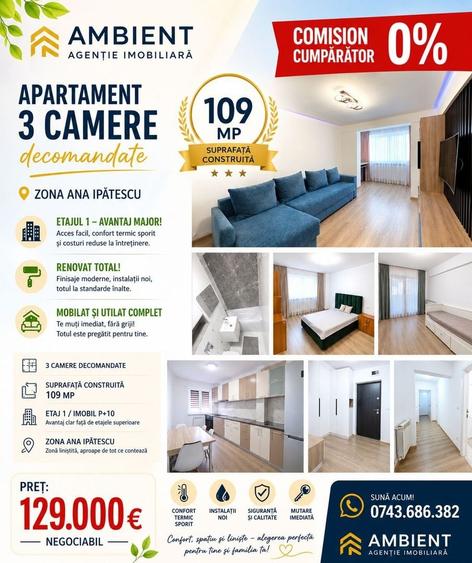 Apartament cu 3 camere decomandat, mobilat în Central