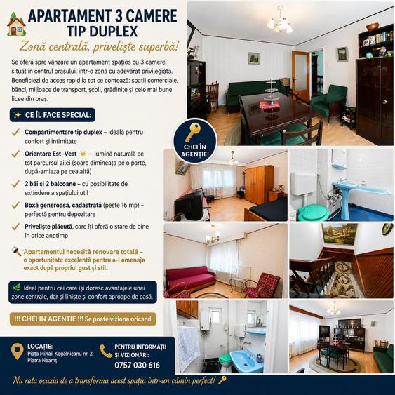 Apartament cu 3 camere decomandat în Central