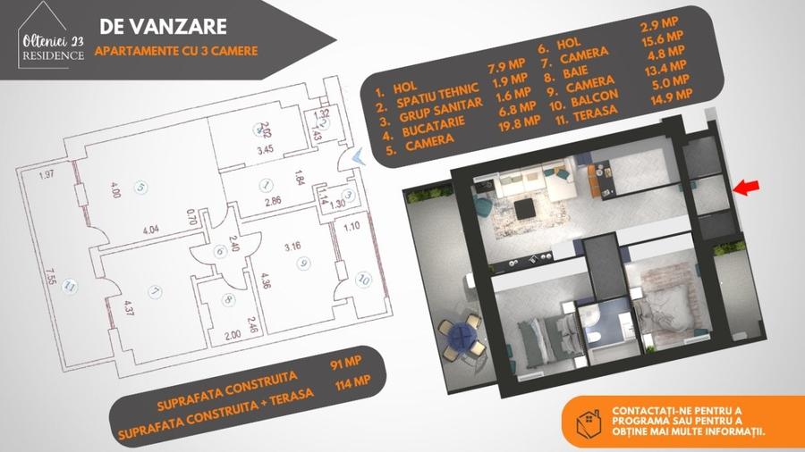 Apartament cu 3 camere decomandat în Central