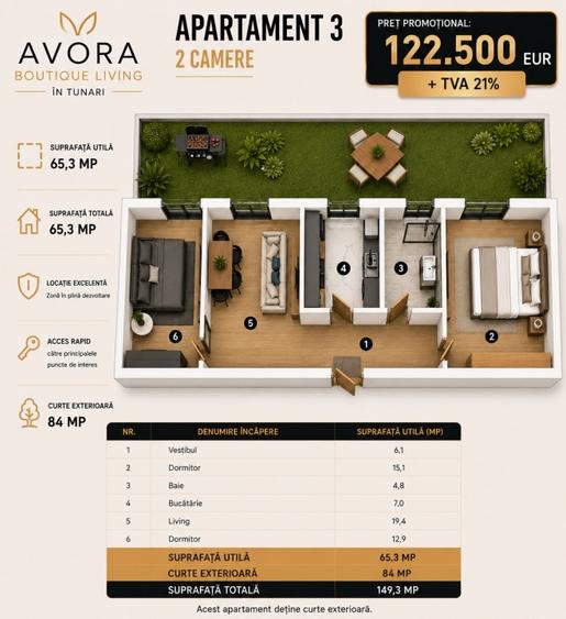 Apartament cu 2 camere semidecomandat în Tunari