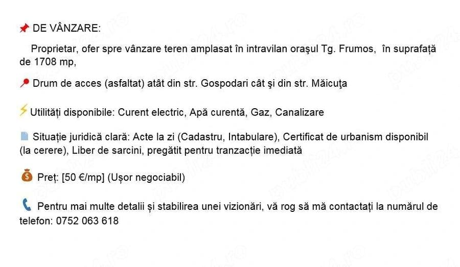 Teren de 1708 mp, în Central