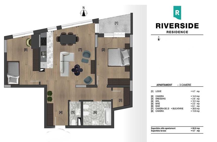 Apartament cu 3 camere decomandat în Nord