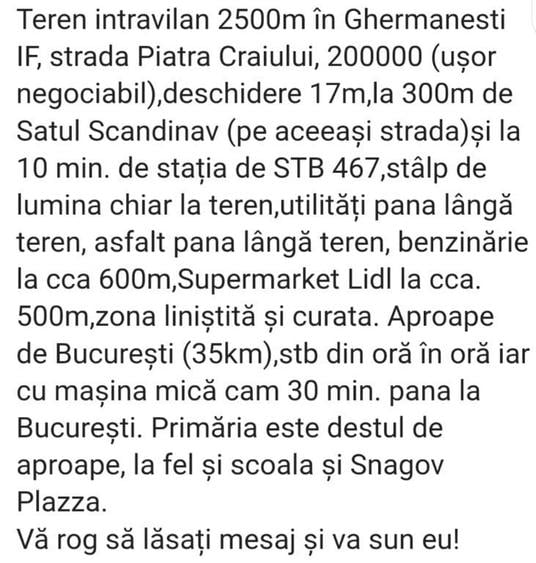 De vanzare urgent & negociabil teren 2500m in Ghermanesti Ilfov - 2
