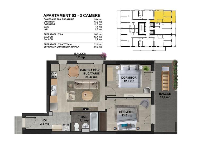 Apartament cu 3 camere în Dobroești
