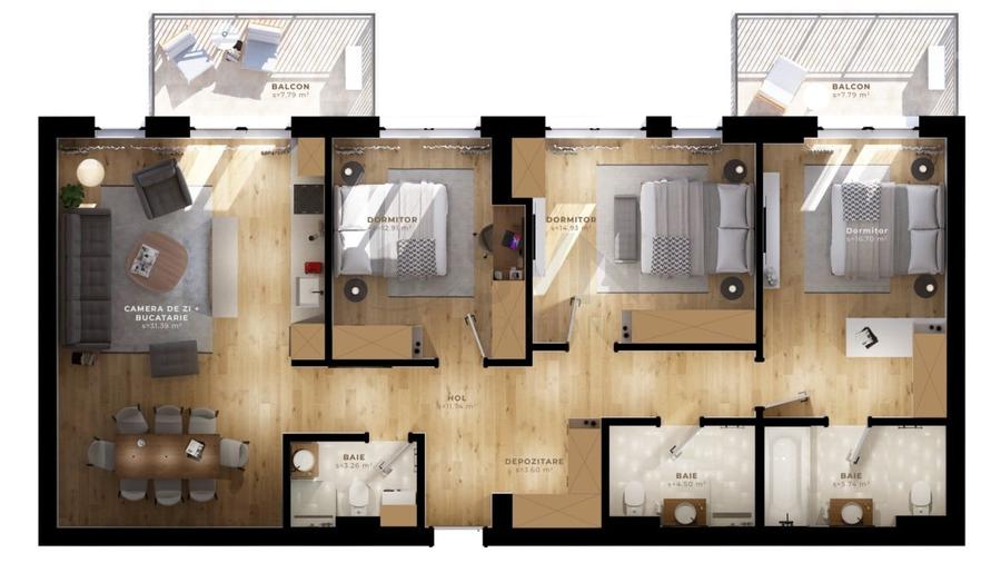 Apartament cu 4 camere decomandat în Tunari