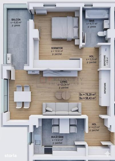 Apartament cu 2 camere semidecomandat în Central