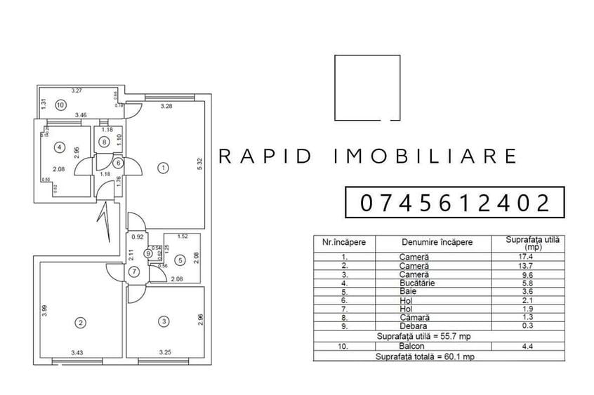 Apartament cu 3 camere semidecomandat în Faleză
