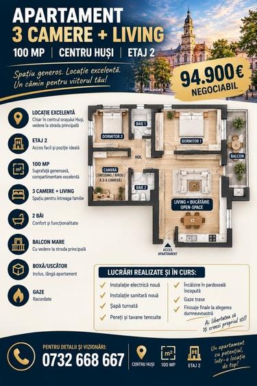 Apartament cu 4 camere decomandat în Central