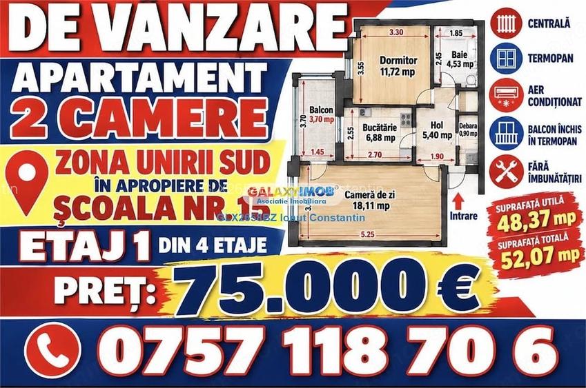 Vanzare apartament 2 camere zona UNIRII SUD- SCOALA 15