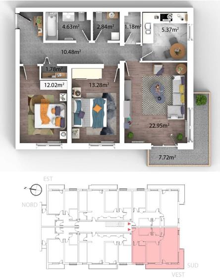 Apartament cu 3 camere semidecomandat în Sud