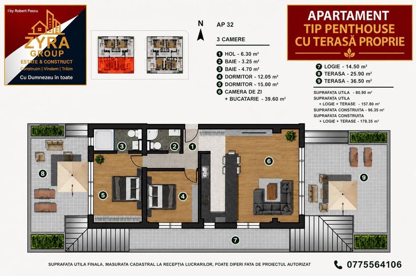 Penthouse cu 3 camere decomandat în Păcii