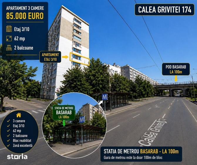 Apartament 3 camere- 62 mp-Calea Grivitei/Basarab- Sector 1 - 2