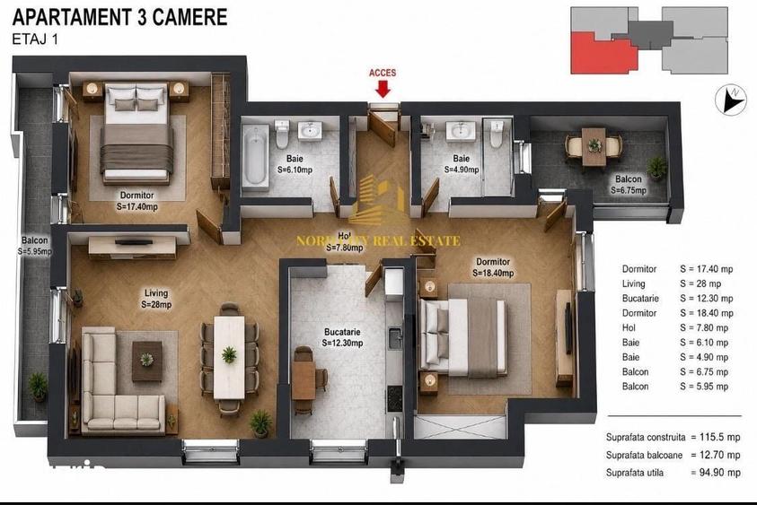 Apartament cu 3 camere în Dămăroaia