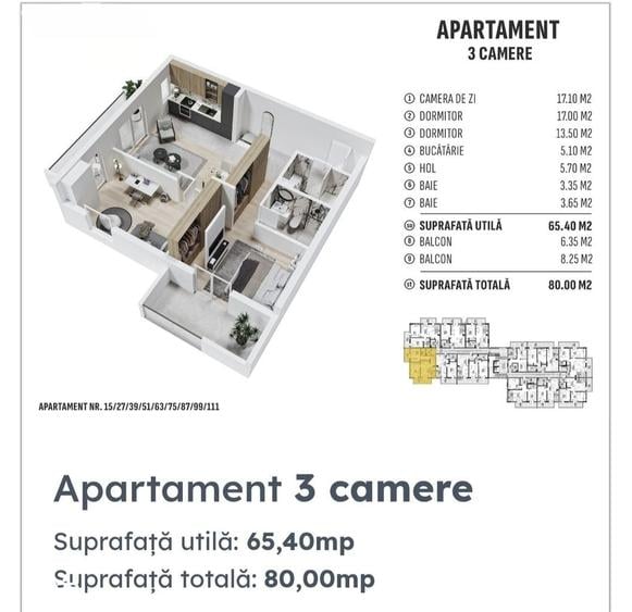 Apartament cu 3 camere în Central