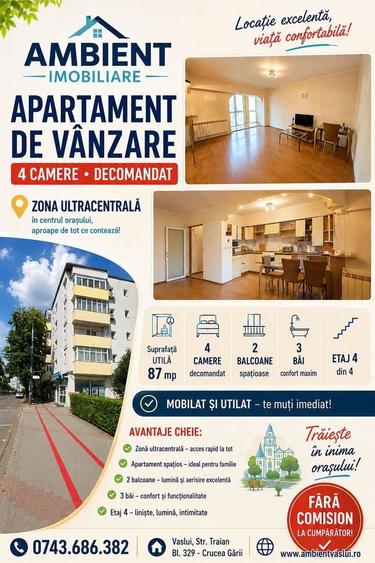 Apartament cu 4 camere decomandat, mobilat în Ultracentral