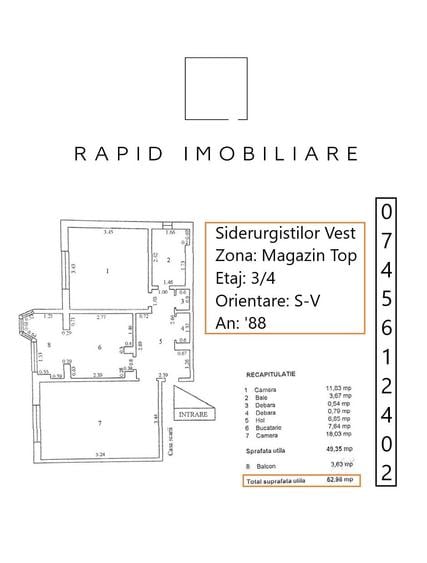 2 Camere | Etaj 3 | Magazin TOP | Sid-Vest | 53 mp | An '88 | Mob+Ut - 6