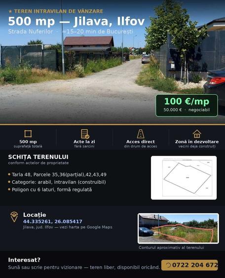 Teren intravilan 500 mp, Jilava (Ilfov) acte la zi, 100/mp negociabil - 1