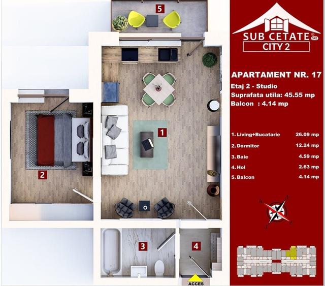 Apartament cu 2 camere semidecomandat în Sânpetru