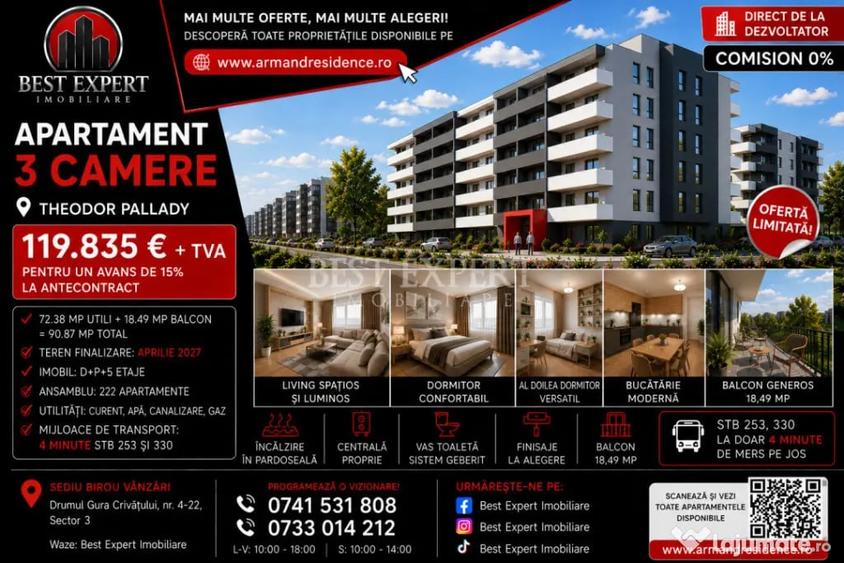 Apartament cu 3 camere decomandat în Theodor Pallady