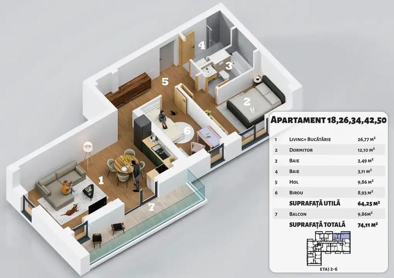 Apartament cu 3 camere semidecomandat în Titan