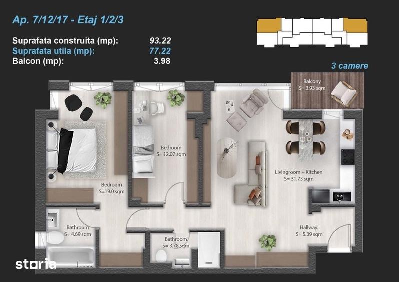 Apartament cu 3 camere în Militari