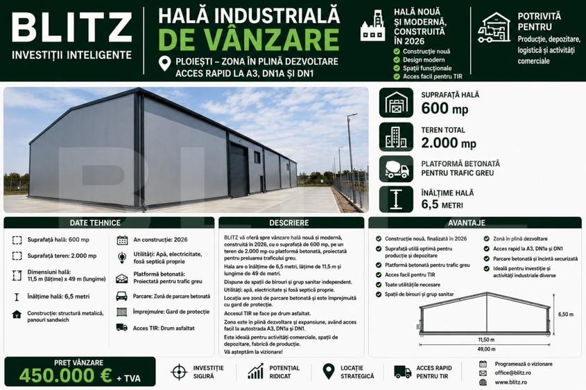 Spațiu industrial, de 600 mp, în Brazi