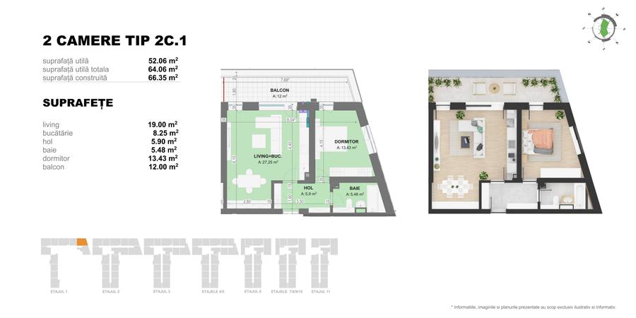 Apartament cu 2 camere decomandat în Străulești