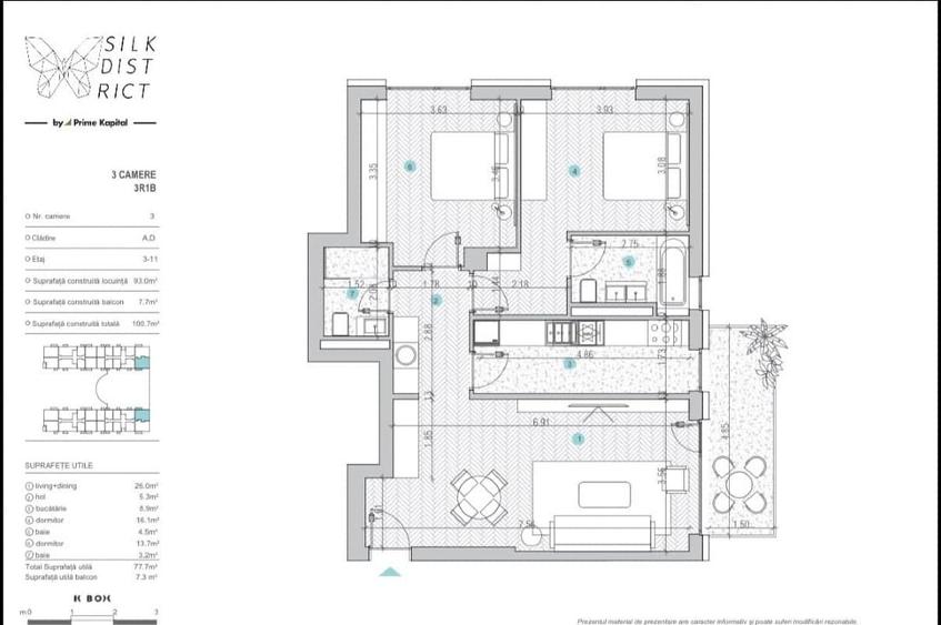 Apartament cu 3 camere decomandat în Baza 3
