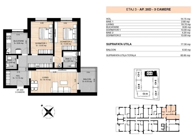 Apartament cu 3 camere decomandat în Nord