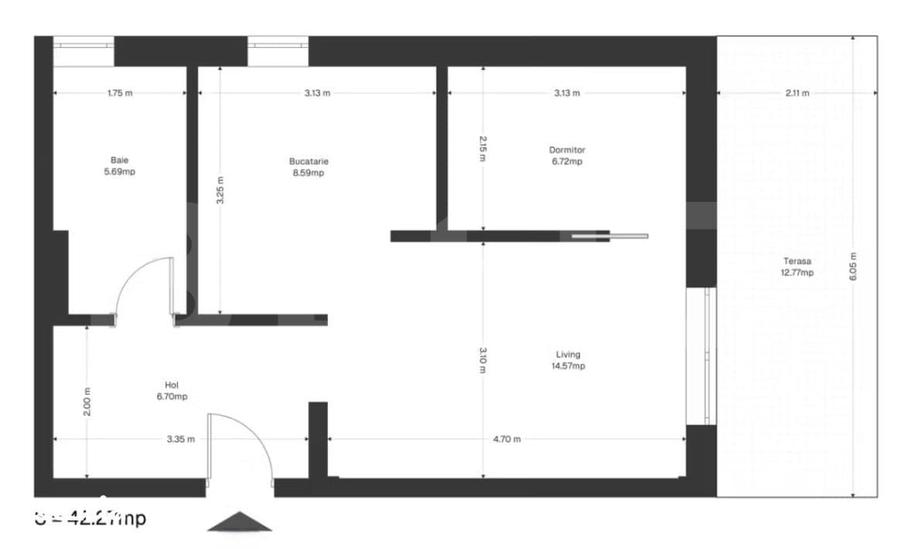 Apartement 1 camera, 42.26 mp utili+ 12 mp gradina, zona Ghirodei