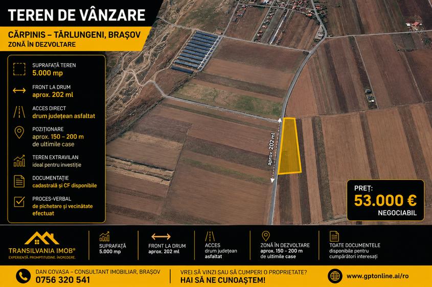 Teren agricol extravilan de 5000 mp, în Tărlungeni