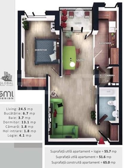 Apartament cu 2 camere semidecomandat în Florești