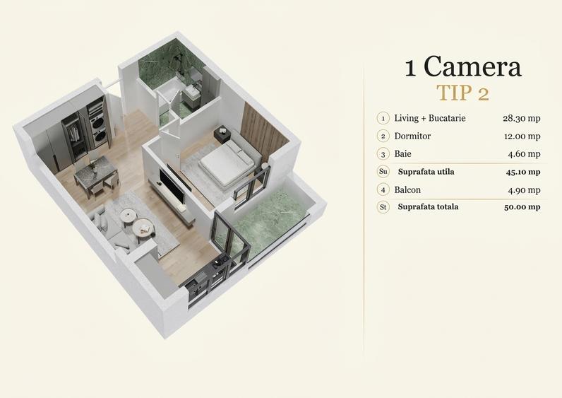 Apartament cu 2 camere în Popești-Leordeni