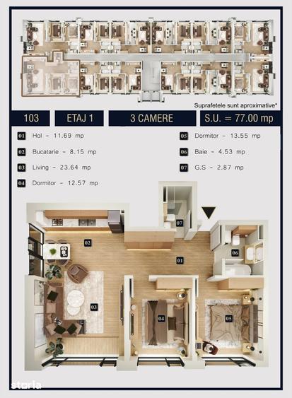 Apartament cu 3 camere în Chiajna