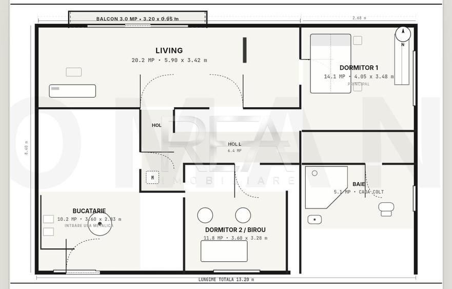 Apartament cu 3 camere decomandat, mobilat în Tineretului