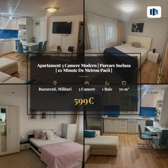Apartament cu 3 camere semidecomandat, mobilat în Militari