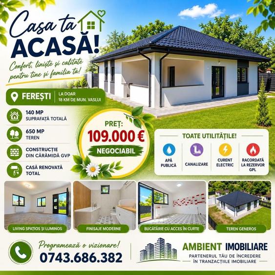 Casă individuală cu 3 camere cu Canalizare în Ferești