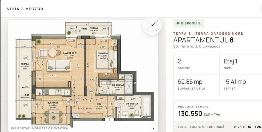 Apartament cu 3 camere semidecomandat în Nord