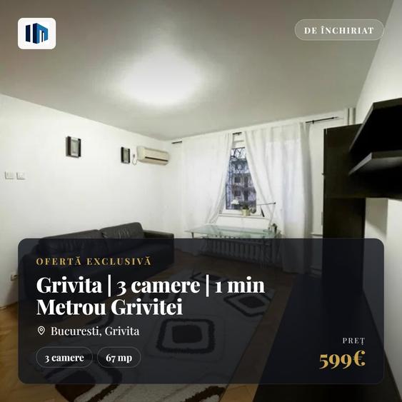 Apartament cu 3 camere semidecomandat, mobilat în Grivița