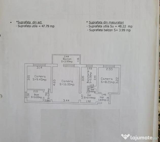 Apartament cu 3 camere semidecomandat în Central
