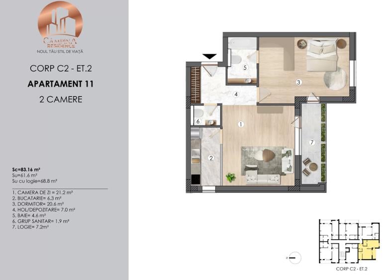 Apartament cu 2 camere decomandat în Sud