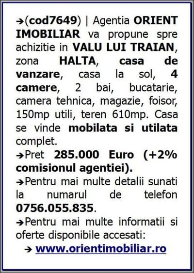 Casă cu 4 camere cu Teren 610 Mp în Valu lui Traian