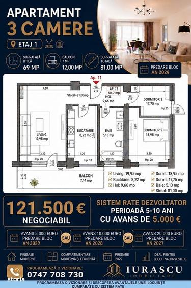 Apartament cu 3 camere în Miroslava