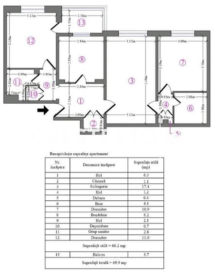 Apartament cu 3 camere semidecomandat în Pantelimon