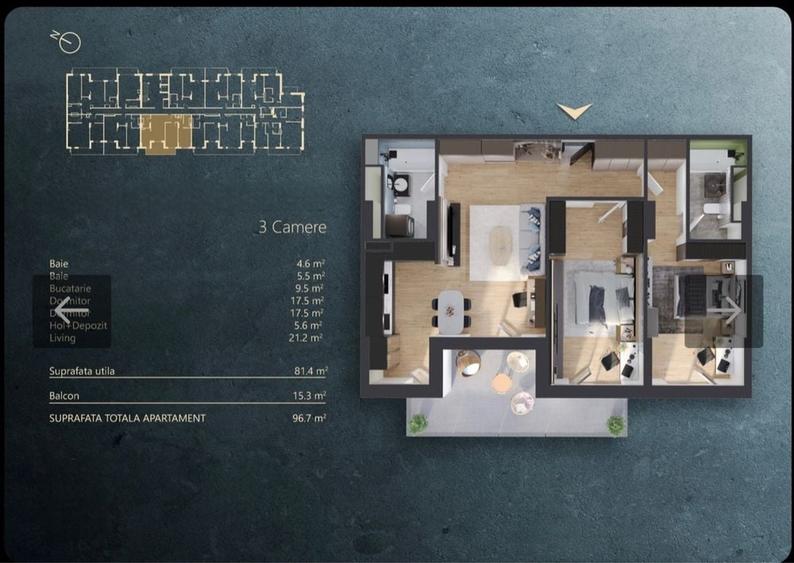 Apartament cu 3 camere semidecomandat în Central