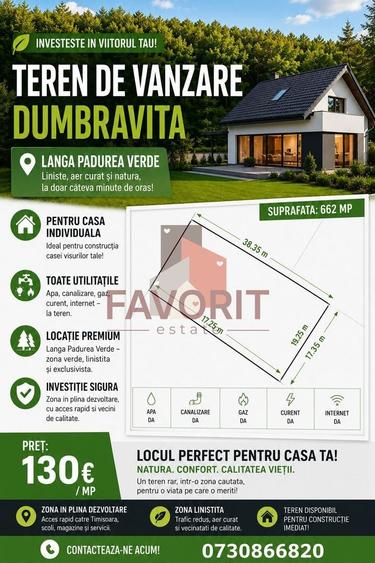 Teren Construcții intravilan de 662 mp, în Dumbrăvița