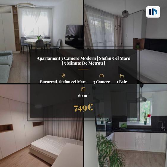 Apartament cu 3 camere semidecomandat, mobilat în Ștefan cel Mare