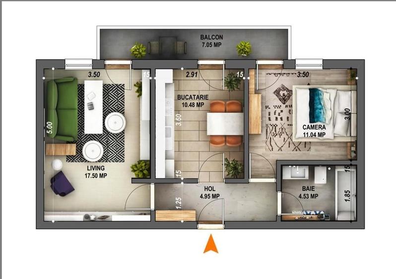Apartament 2 camere cu gradina - 50 mp utili - mobilat, utilat - 5